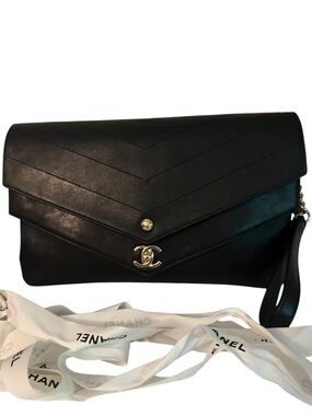 CHANEL Black Chevron Envelope Wristlet with Gold CC